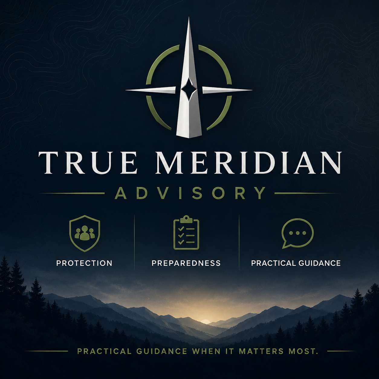 True Meridian Advisory compass mark over a mountain landscape